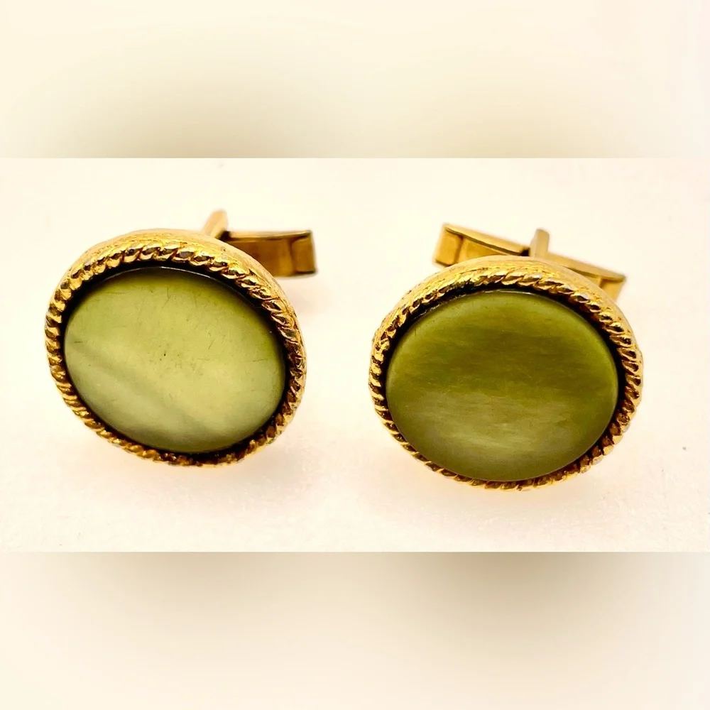 Vintage MCM Gold Tone Round Cufflinks Olive Green Moonglow Lucite